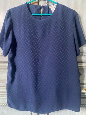 100% Silk Navy Textured Short-Sleeve Blouse